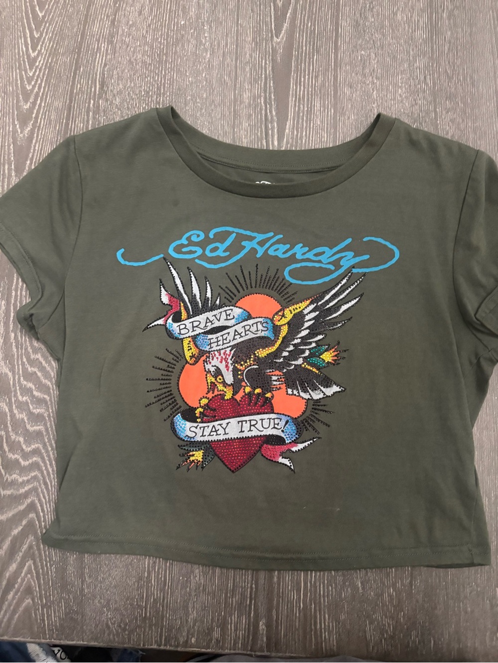 Ed Hardy Olive Green Kids Short Sleeve Tee with Multicolor Eagle Graphic